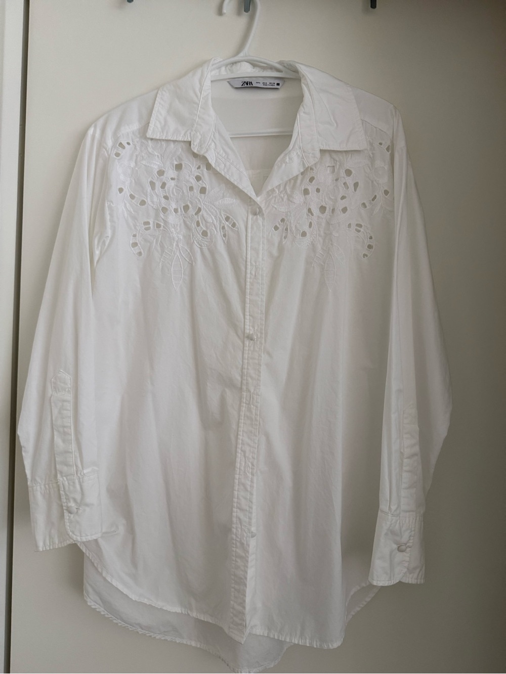 Zara White Eyelet Cutout Button-Down Shirt